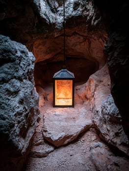 Illuminated lantern hanging in a cave photo