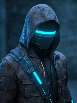 Futuristic warrior with glowing visor and hooded jacket photo