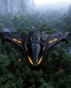 Futuristic spacecraft flying over a jungle landscape photo