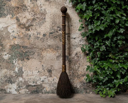 A witchs broom leaning against a textured wall with ivy photo