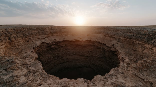 A large sinkhole in a desert landscape at sunset photo