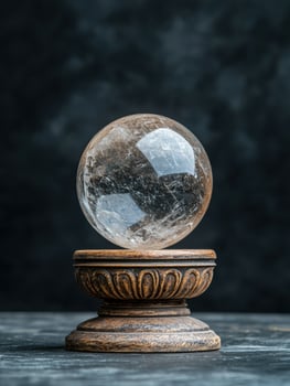 A crystal ball on a wooden stand used for fortune telling photo
