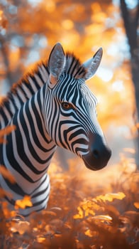 Zebra stands gracefully among golden foliage in a serene forest during a sunny afternoon photo