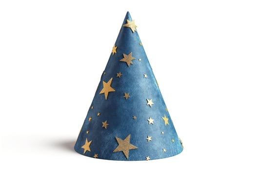 A whimsical blue party hat adorned with golden stars, perfect for celebrations. photo
