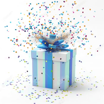 A festive blue and white present bursting with colorful confetti, symbolizing joy and celebration. photo