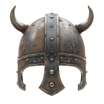 A detailed Viking helmet featuring prominent horns and rustic metal textures, evoking a sense of ancient warrior strength. photo