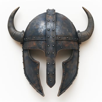 A detailed viking-style metal helmet with prominent horns and a rustic patina finish. photo