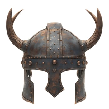 A striking viking helmet adorned with horns and metallic detailing, showcasing a rich historical design. photo