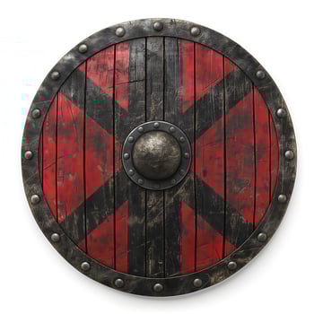 A detailed wooden shield featuring a striking red and black design, symbolizing strength and durability. photo