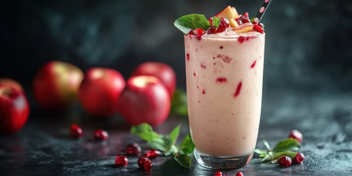 Refreshing fruit smoothie with apple slices and pomegranate seeds, ideal for a healthy snack photo