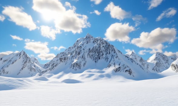 A serene snowy mountain landscape under a bright blue sky. photo