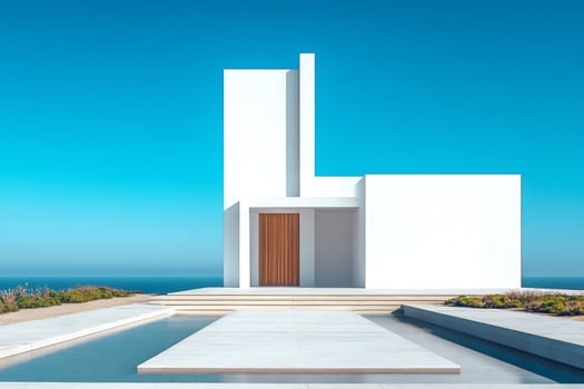 Modern white minimal house overlooking the sea with swimming pool photo