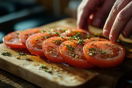 Chef arranging delicious tomato slices seasoned with herbs and spices on wooden cutting board photo