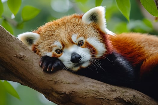 Red panda resting on a tree branch looking adorable photo