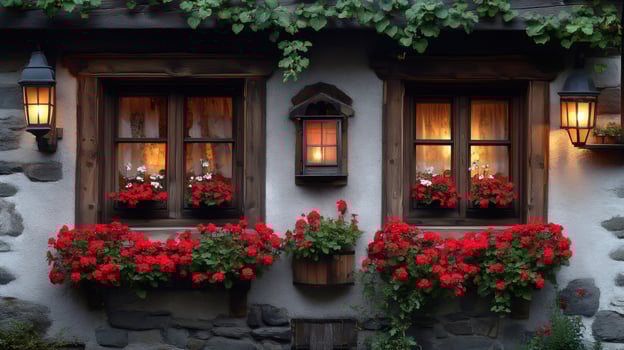 Warm lights illuminating cozy windows of traditional alpine house with red geraniums photo