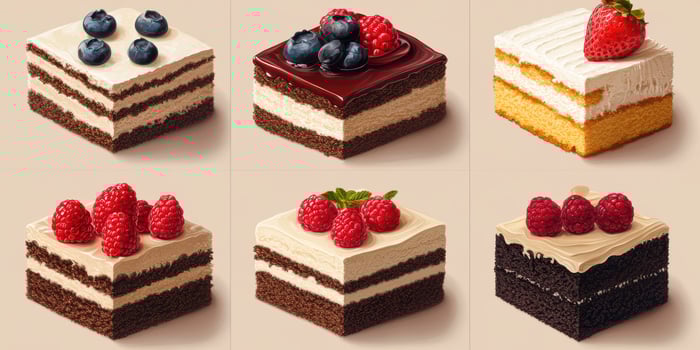 Colorful selection of layered cakes on display with various toppings in a bright setting photo