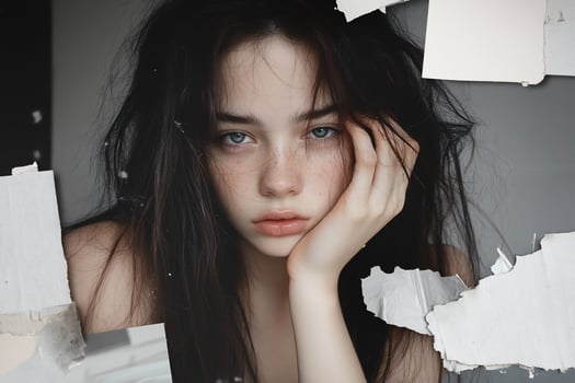 A woman with freckles and a torn paper background photo