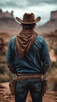 Cowboy standing in a desert landscape with dramatic clouds and rock formations during the late afternoon photo