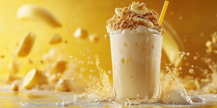 Creamy banana smoothie with crushed cereal splashing in golden background at a cafe during summer afternoon photo