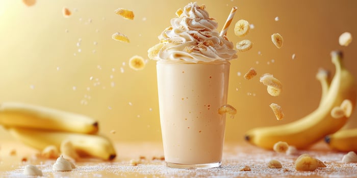Delicious banana milkshake with whipped cream and banana slices on a sunny background photo