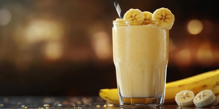 Delicious banana smoothie with fresh fruit served in a clear glass at a cozy cafe setting photo