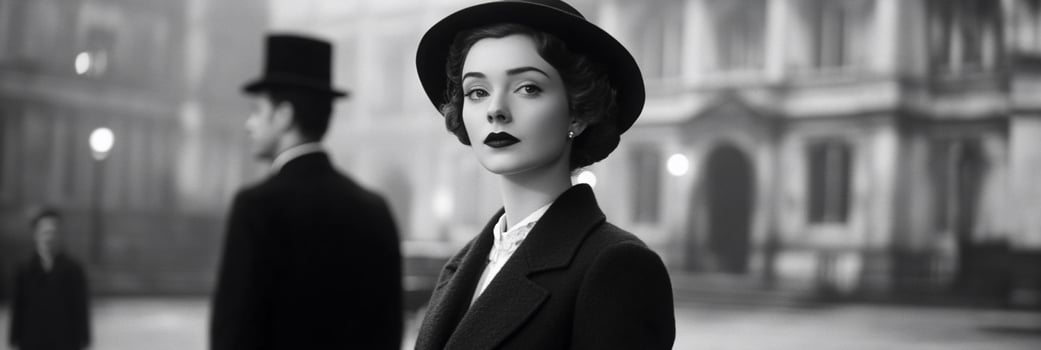 A vintage black-and-white portrait of a woman in elegant attire. photo