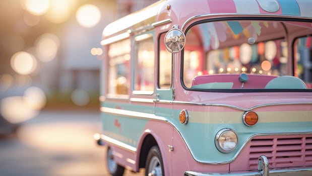Brightly colored vintage ice cream truck parked on a sunny street during golden hour photo