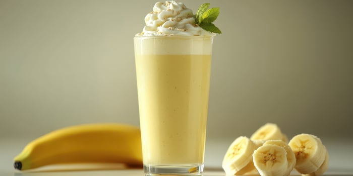 Refreshing banana smoothie with whipped cream and mint served in a tall glass alongside fresh bananas photo