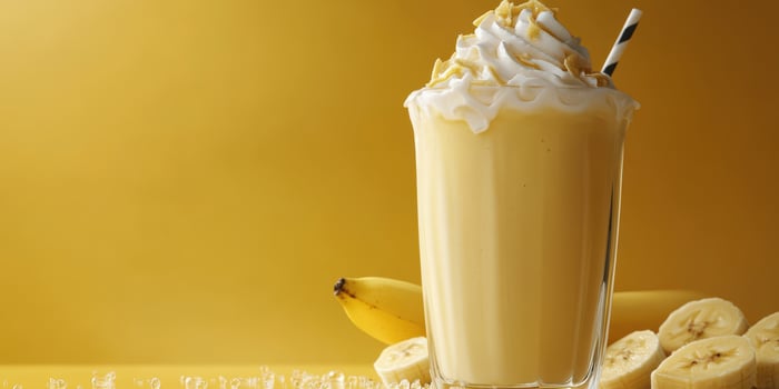 Creamy banana milkshake served in a tall glass with whipped cream and nuts on a yellow background with fresh bananas photo