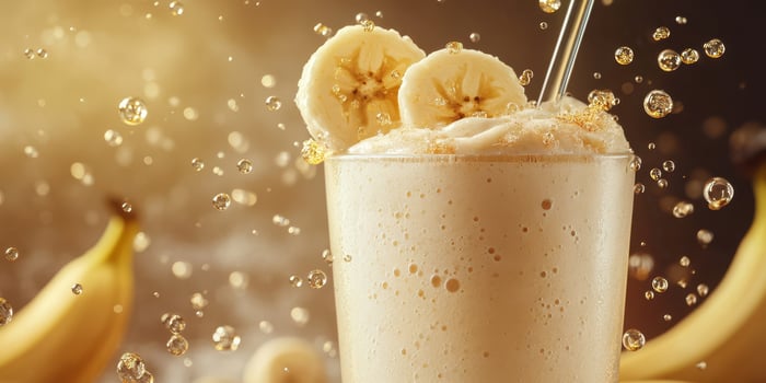 Refreshing banana smoothie with bubbles and fresh fruit on display during a sunny afternoon photo
