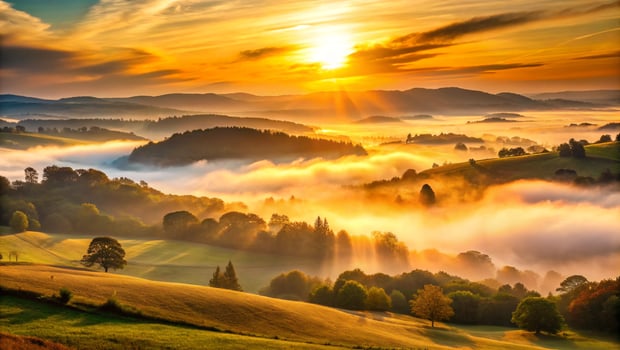 Golden sunrise over rolling hills with misty landscape background captured in nature's tranquil environment photo