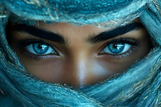 Mystical Blue Eyes Peering Through Turquoise Fabric for Enigmatic Portrait Photography photo