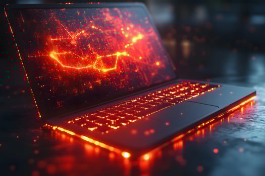 Futuristic Glowing Laptop with Digital Red Neon Network Display for Technology Concept Designs photo