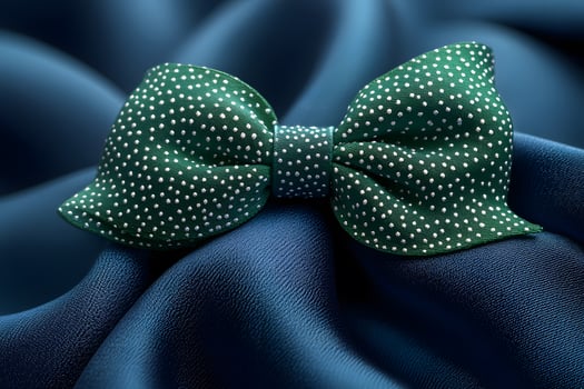 Elegant Green Polka Dot Bow Tie on Luxurious Blue Silk Fabric for Fashion Design photo