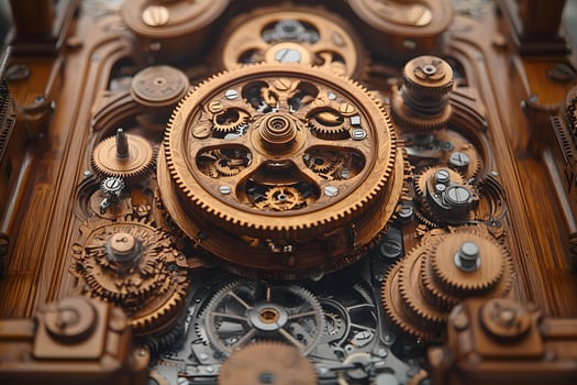 Intricate Wooden Mechanical Gears - Steampunk Design and Engineering Concept photo