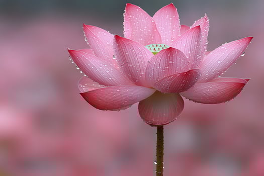 Pink Lotus Blossom with Dew Drops in Tranquil Background - Nature Beauty for Posters or Prints photo