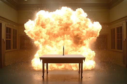 Dramatic Explosion Behind Table in Laboratory Setting for Action Scenes and Design photo