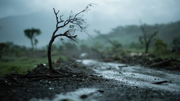 Lonely Tree on a Desolate Path in a Foggy Landscape with Mountains in the Background photo