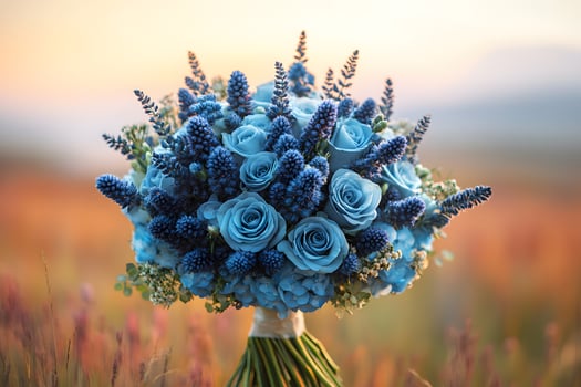 Elegant Blue Rose and Lavender Bouquet in Sunset Field - Perfect for Wedding Decor or Floral Design photo