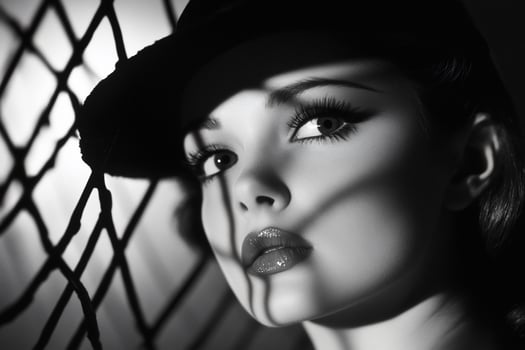 A black and white photo of a woman with a hat