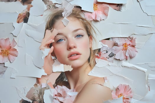 A portrait of a young woman framed by torn paper and floral elements. photo