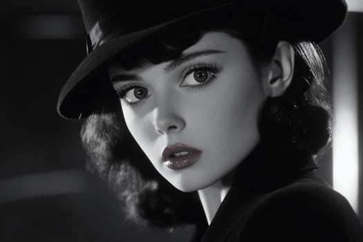 A black-and-white portrait of a woman in a stylish hat, exuding elegance. photo