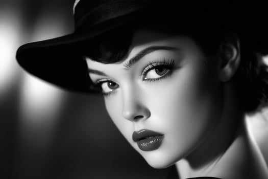 Black and white photo of a woman wearing a hat