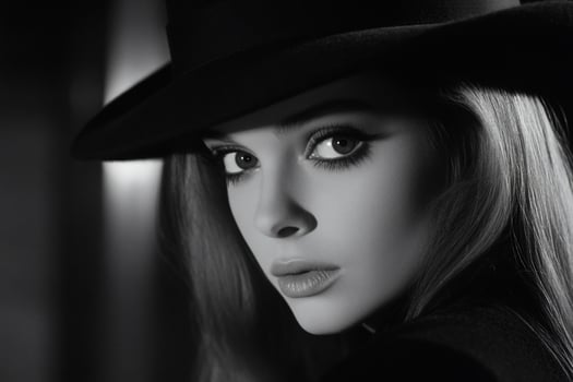 A black-and-white portrait of a woman in a wide-brimmed hat. photo