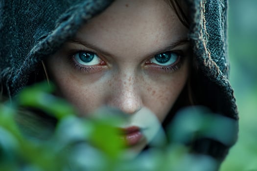 A woman with blue eyes and a hooded jacket photo