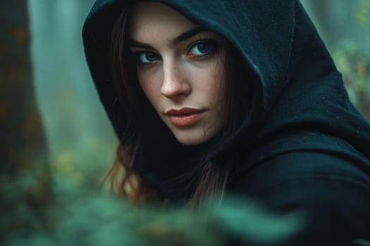 A woman in a black hoodie in the woods photo