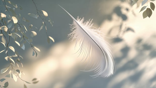 Delicate white feather floating gracefully amidst soft pastel foliage in tranquil light photo