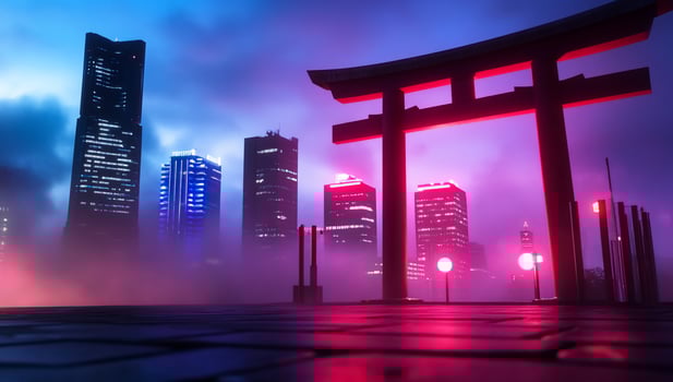 A vibrant cityscape featuring a traditional torii gate amid modern skyscrapers. photo
