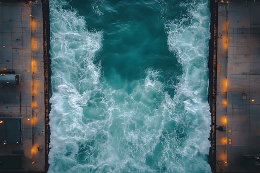 Aerial View of Ocean Waves Crashing Against Urban Harbor at Sunset photo