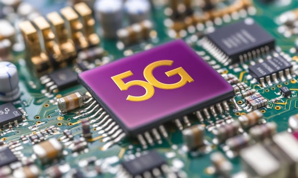 Close-up of a circuit board featuring a 5G chip. photo